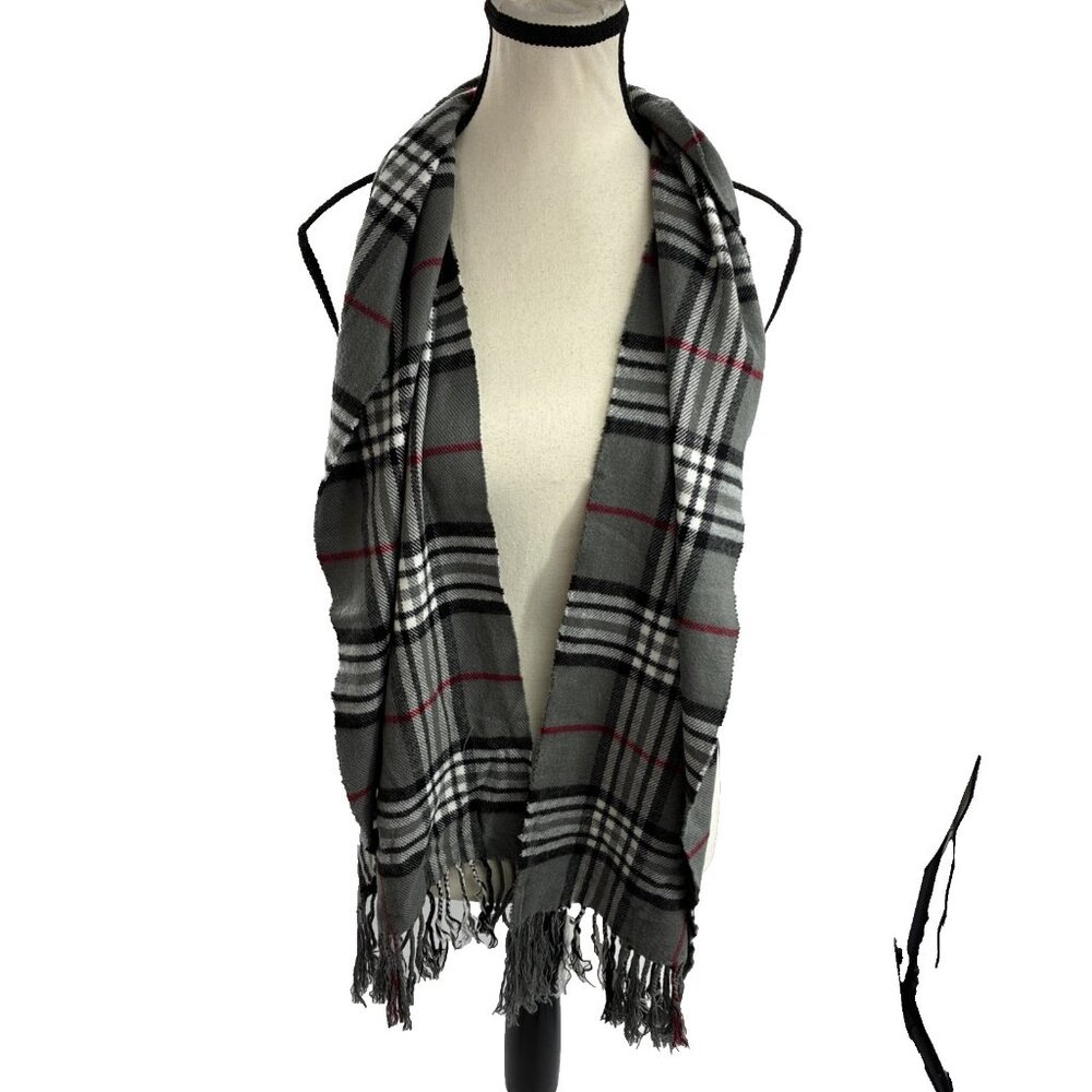 Plaid Fringe Scarf Gray Black Red Check Winter Soft Warm Unisex Accessory